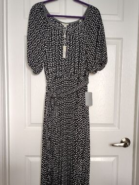 Max Studio London Polka Dot Pleated Bottom Bubble Sleeve Midi Dress L NWT